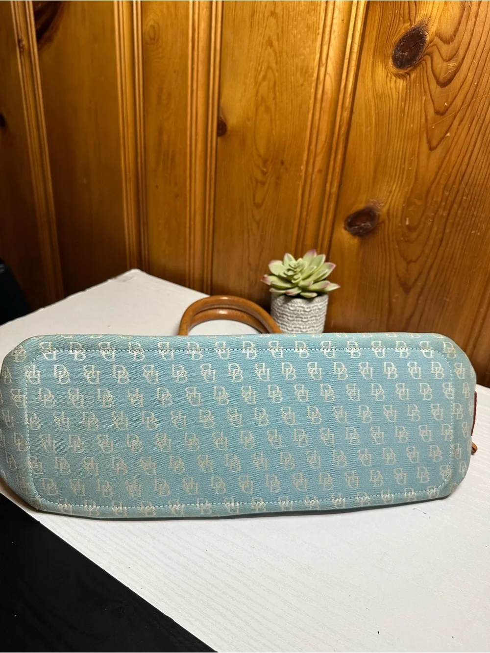 Dooney & Bourke Light Blue Monogram Drawstring Tote with Tan Trim